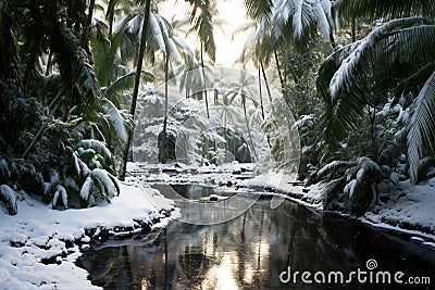 Tropical forest covered with snow Stock Photo