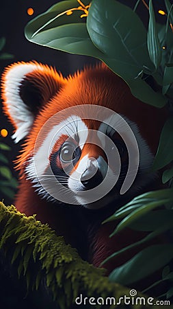 Close Up Portrait of Adorable Baby Red Panda, Tropical Forest, Highly Detailed Illustration Stock Photo