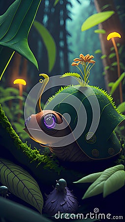 Close Up Portrait of Adorable Snail, Tropical Forest, Highly Detailed Illustration Stock Photo