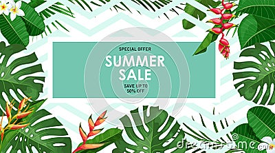 Tropical frame with leaves, flowers for party invitations, sale posters and wedding cards. Vector Illustration