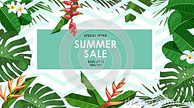 Tropical frame with leaves, flowers for party invitations, sale posters and wedding cards. Vector Illustration