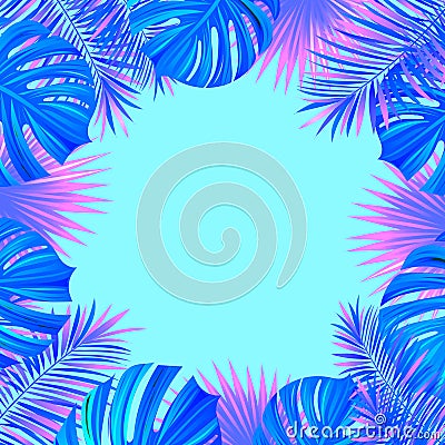 Tropical frame vector illustration. with exotic jungle plants, palm leaves, monstera. Folliage background. Exotic tropic Vector Illustration