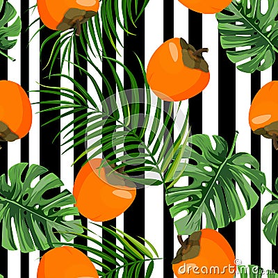 Tropical fresh persimmon seamless pattern. Summer background with sweet fruit, monstera and palm leaves. Vector Illustration