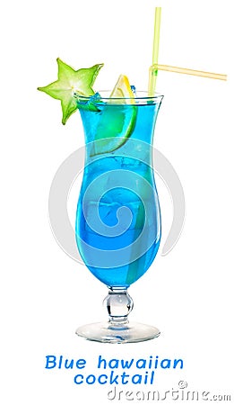 Tropical fresh tasty cold Blue Hawaiian cocktail in a glass with Stock Photo
