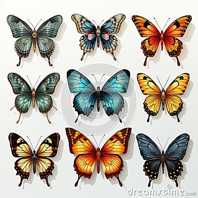 Colorful Butterflies Set: Hyper-realistic Animal Illustrations Cartoon Illustration