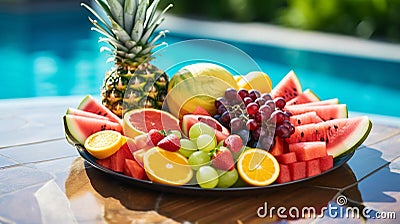 Tropical Fruit Delight: Vibrant Assortment of Pineapple, Watermelon, and Kiwi on Colorful Tray Stock Photo
