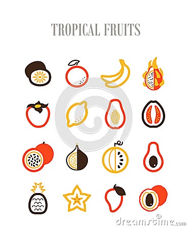 Tropical fruit icons set Vector Illustration