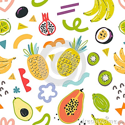 Tropical fruit pattern, seamless vector background, colorful handdrawn summer fresh food. Pineapple, papaya and avocado Vector Illustration