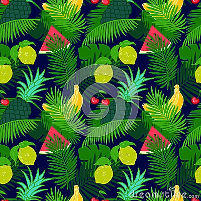 Tropical fruit seamless pattern with jungle leaves floral dark color background. Vector Illustration