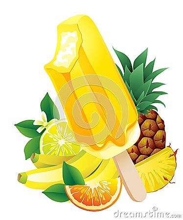 Tropical fruits banana, pineapple, orange, lemon, popsicle Ice-cream. Summer flavor Vector Illustration