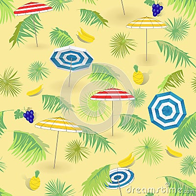 Tropical fruits,beach with palm leaves and beach umbrellas. Seamless pattern. Vector Illustration