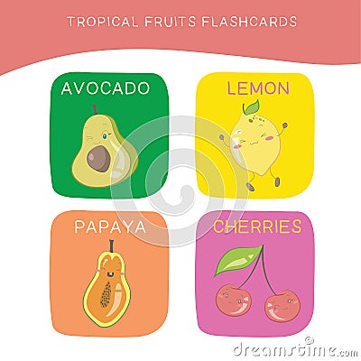 Tropical fruits Flashcards for Children. Cute fruit flashcards for children. Vector Illustration