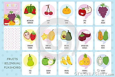 Tropical Fruits Flashcards Vector Collection Vector Illustration