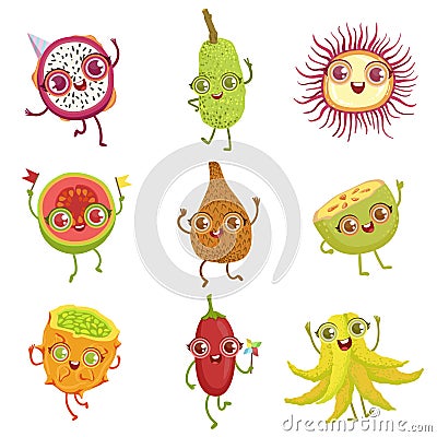 Tropical Fruits Girly Cartoon Characters Set Vector Illustration