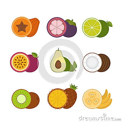 Tropical fruits icon set. Flat style, vector illustration. Vector Illustration