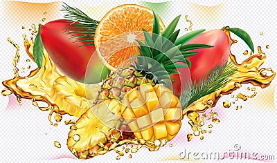 Tropical fruits Orange, Pineapple, Mango in splashes of juice Vector Illustration