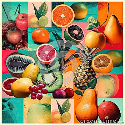 Tropical fruits pineapple, grapefruit, orange and kiwi. Retro style food poster. Generative AI Stock Photo