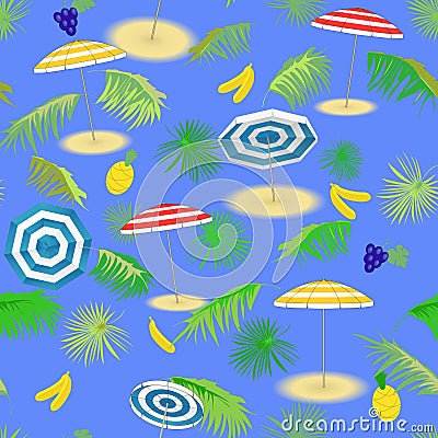 Tropical fruits, seascape with palm leaves and beach umbrellas. Seamless pattern. Vector Illustration