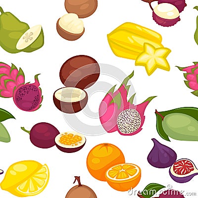 Tropical fruits set seamless pattern. Citrus lemon and orange Vector Illustration