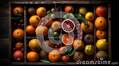 Tropical fruits in a wooden box: mango, dragon fruit, lime, Stock Photo