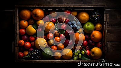 Tropical fruits in a wooden box: mango, dragon fruit, lime, Stock Photo
