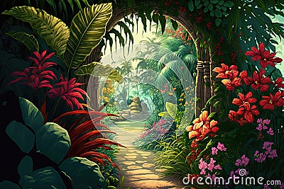 Tropical garden with flowers and secret path. Generative AI Stock Photo