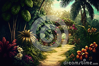 Tropical garden with flowers and secret path. Generative AI Stock Photo