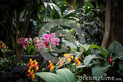 tropical garden with hummingbird, orchid, and dragonfly Stock Photo