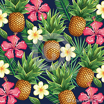 Tropical garden with pineapple Vector Illustration