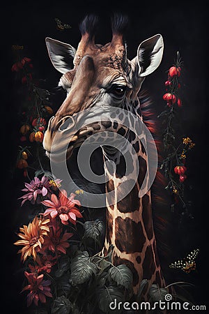 tropical giraffe among roses and palm Stock Photo