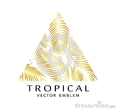 Tropical golden triangular emblem with palm leaves. Exotic logo with golden texture. Vector Illustration