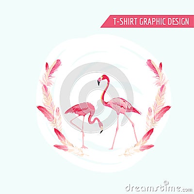 Tropical Graphic Design. Flamingo Birds Vector Illustration