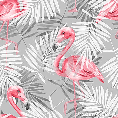 Tropical gray seamless pattern with flamingo Cartoon Illustration