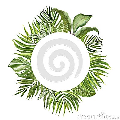 Tropical green foliage round frame for cards, banners. Watercolor summer exotic plants and leaves border on white background Cartoon Illustration