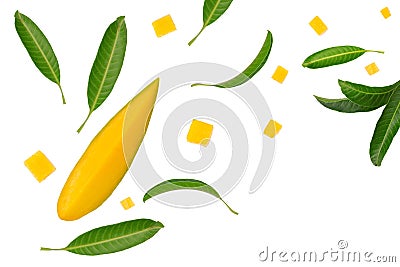 Tropical green leaf and a piece of mango fruit and cubes shape flat lay on white background Stock Photo