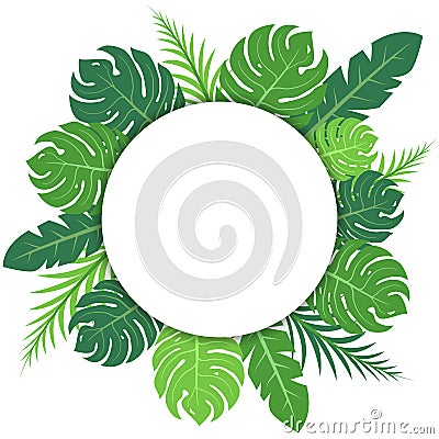 Tropical green leaves blank circular banner Vector Illustration