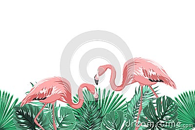 Tropical green leaves pink flamingo footer element Vector Illustration