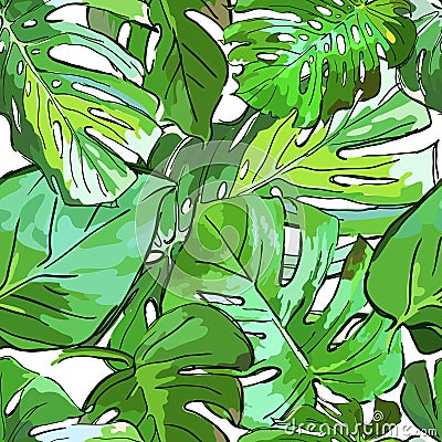 Tropical green palm tree leaves. Vector summer seamless pattern. Vector Illustration