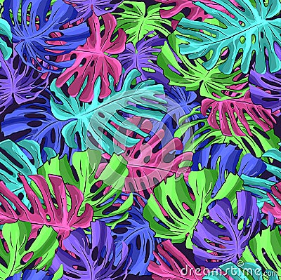 Tropical growth. Large leaves mystery neon colors: pink, light blue, purple, green Stock Photo