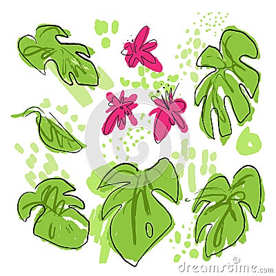 Tropical hand draw vector collection with monstera leaves, palms leaf, pink tropic flowers, mixed with paint drops and Vector Illustration
