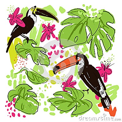 Tropical hand draw vector collection with monstera leaves, parrots - toucans, pink tropic flowers, mixed with paint Vector Illustration