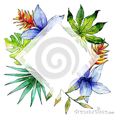 Tropical Hawaii leaves plants frame in a watercolor style. Stock Photo