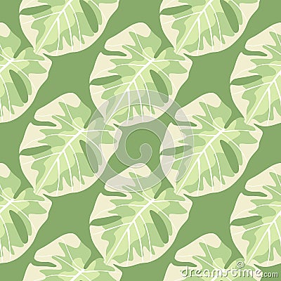 Tropical hawaii monstera leaves print seamless pattern. Light pastel foliage ornament on green background Cartoon Illustration