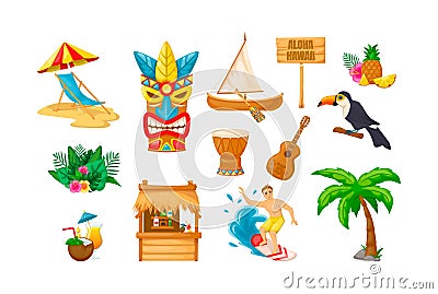 Tropical Hawaii summer vacation set. Traditional exotic ethnic mask, beach, chaise longue, boat Vector Illustration