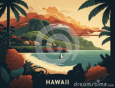 Tropical hawaiian landscape with ocean beach and mountains. Concept for National Hawaii Day or Statehood Day. Generative AI Stock Photo