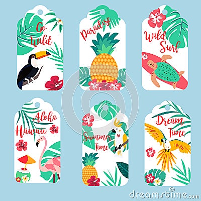 Tropical Hawaiian tags with toucan, flamingo, parrots and pineaaple Vector Illustration