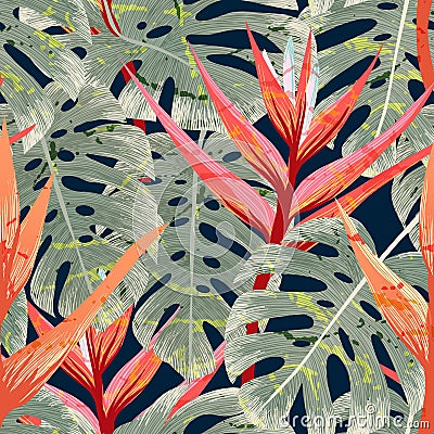 Tropical Heliconia with leaves seamless pattern Vector Illustration