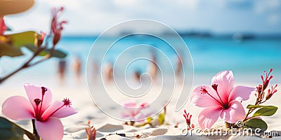 Tropical hibiscus blooms amidst sandy beach blue ocean your ultimate vacation escape. Stock Photo