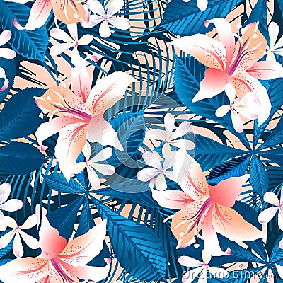 Tropical hibiscus floral 6 seamless pattern Vector Illustration
