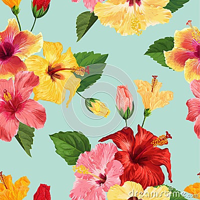 Tropical Hibiscus Flower Seamless Pattern. Floral Summer Background for Fabric Textile, Wallpaper, Decor, Wrapping Vector Illustration